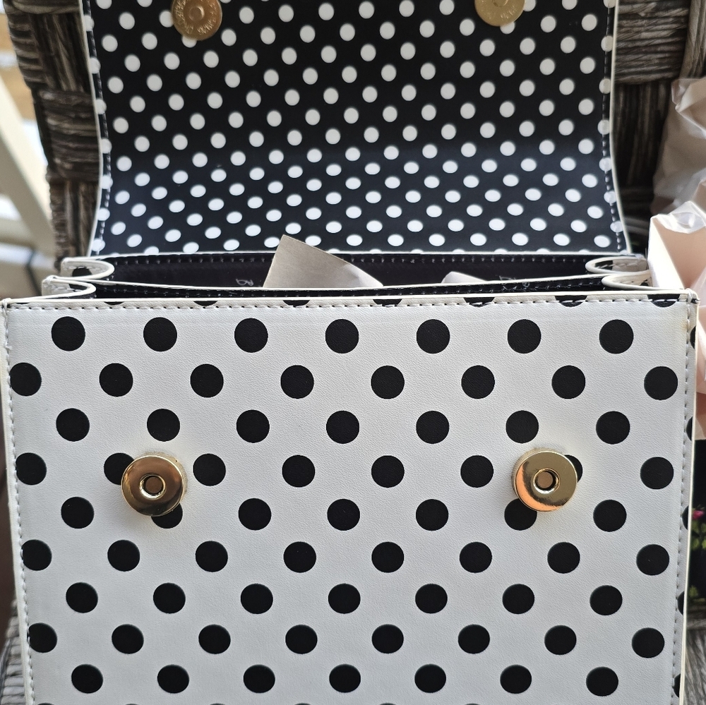 Betsey Johnson Black & White Polka Dot Top Handle Satchel with Floral Bow - Picture 6 of 9